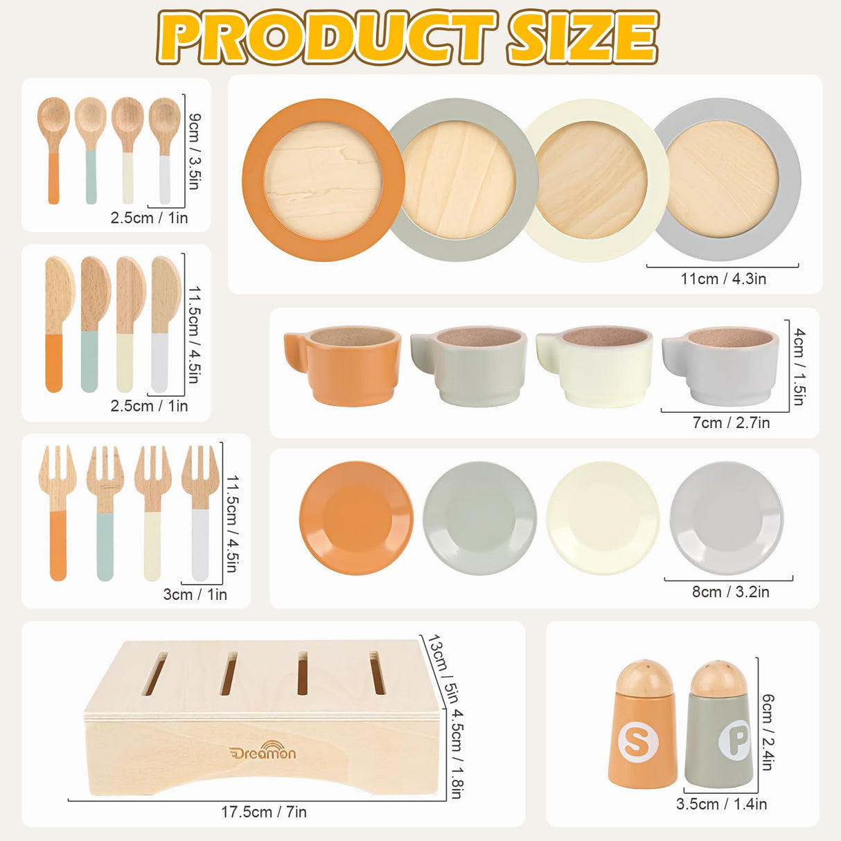 Wooden Play Dishes and Plates for Kids Kitchen Set, 27 PCS Wooden Play Kitchen Accessories, Kitchen Toy for Toddlers 2-4 Years Girls and Boys Dreamon