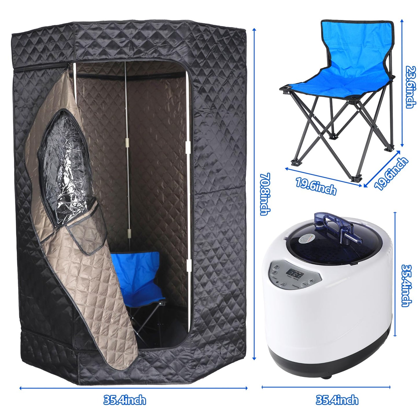 PEEKO Portable Sauna for Home, Full Size Personal Pentagon Sauna Tent with 3L Capacity 1200w Steamer, Foldable Chair, Sweat Mat, Remote Controller Included