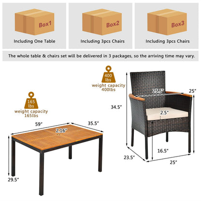 HAPPYGRILL 7 Pieces Patio Dining Set Outdoor Rattan Wicker Dining Set with Umbrella Hole, Removable Cushions, Table & Chairs Set with Acacia Wood Table Top