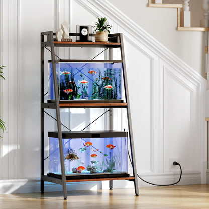 Herture 5-10 Gallon Fish Tank Stand with Shelf, Metal Frame Aquarium Stand with Storage and Power Outlet, for 2 x Fish Tank, 20.47" L*15.11" W Reptile Tank Rustic Brown PG10YGN