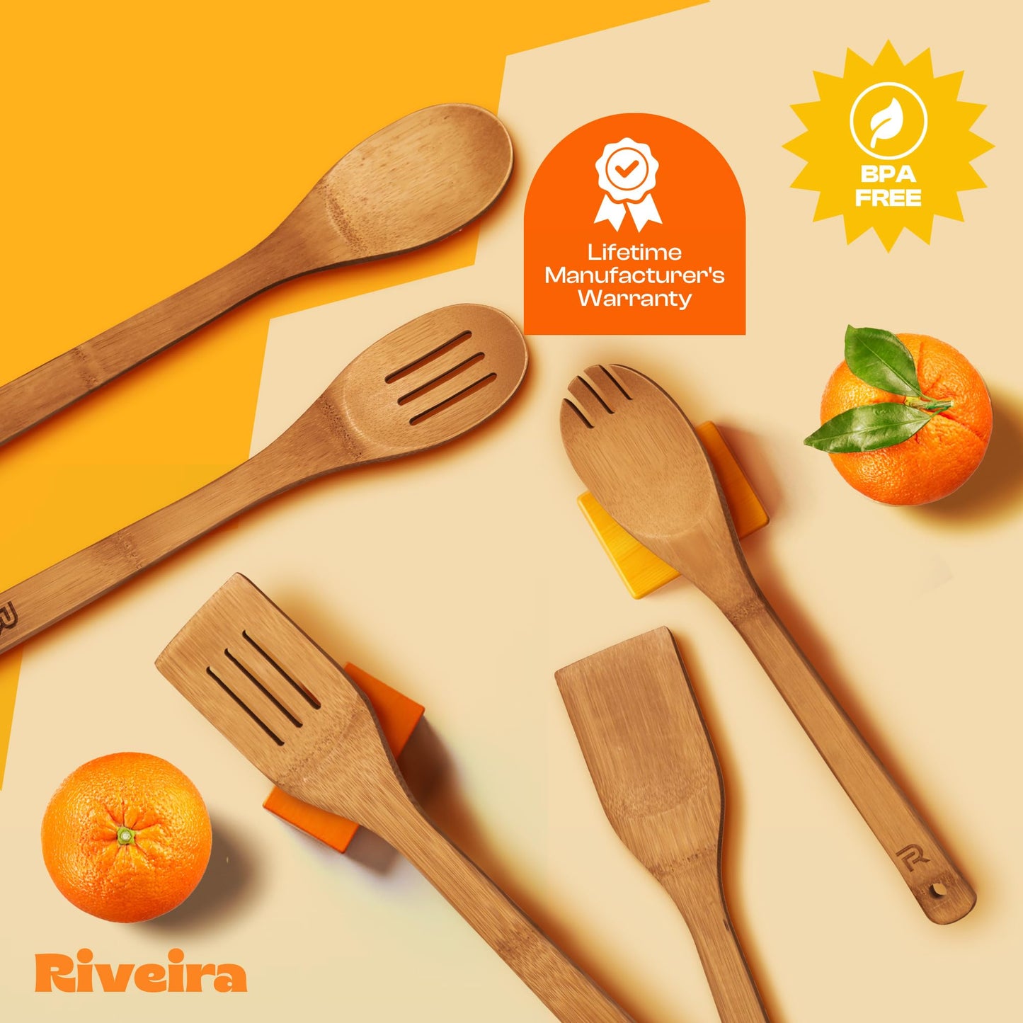 Riveira Dark Bamboo Wooden Spoons for Cooking 6-Piece, Apartment Essentials Wood Spatula Spoon Nonstick Kitchen Utensil Set Premium Quality Housewarming Gifts for Everyday Use