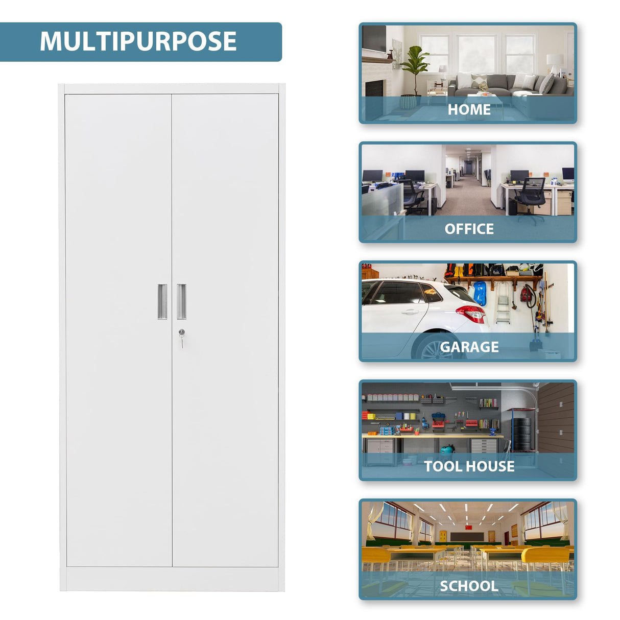 Metal Storage Cabinet, 71”H Locking Storage Cabinet with Adjustable Shelves, Steel Storage Cabinets for Garage, Home, Office, Pantry (White) Wanfu