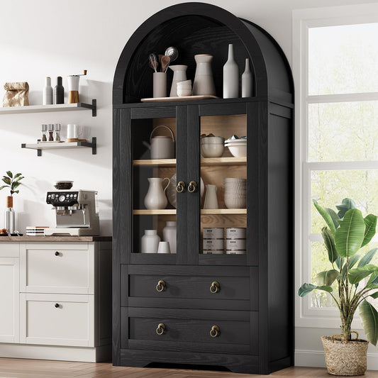 Kitchen Pantry Cabinet,Arched Cabinet,Pantry Cabinet, Arched Bookshelf/Bookcase,China Cabinet, 71“ Tall Pantry Storage Cabinet with Doors/Shelves/Drawers for Living Room, Kitchen, Dining Room,Black