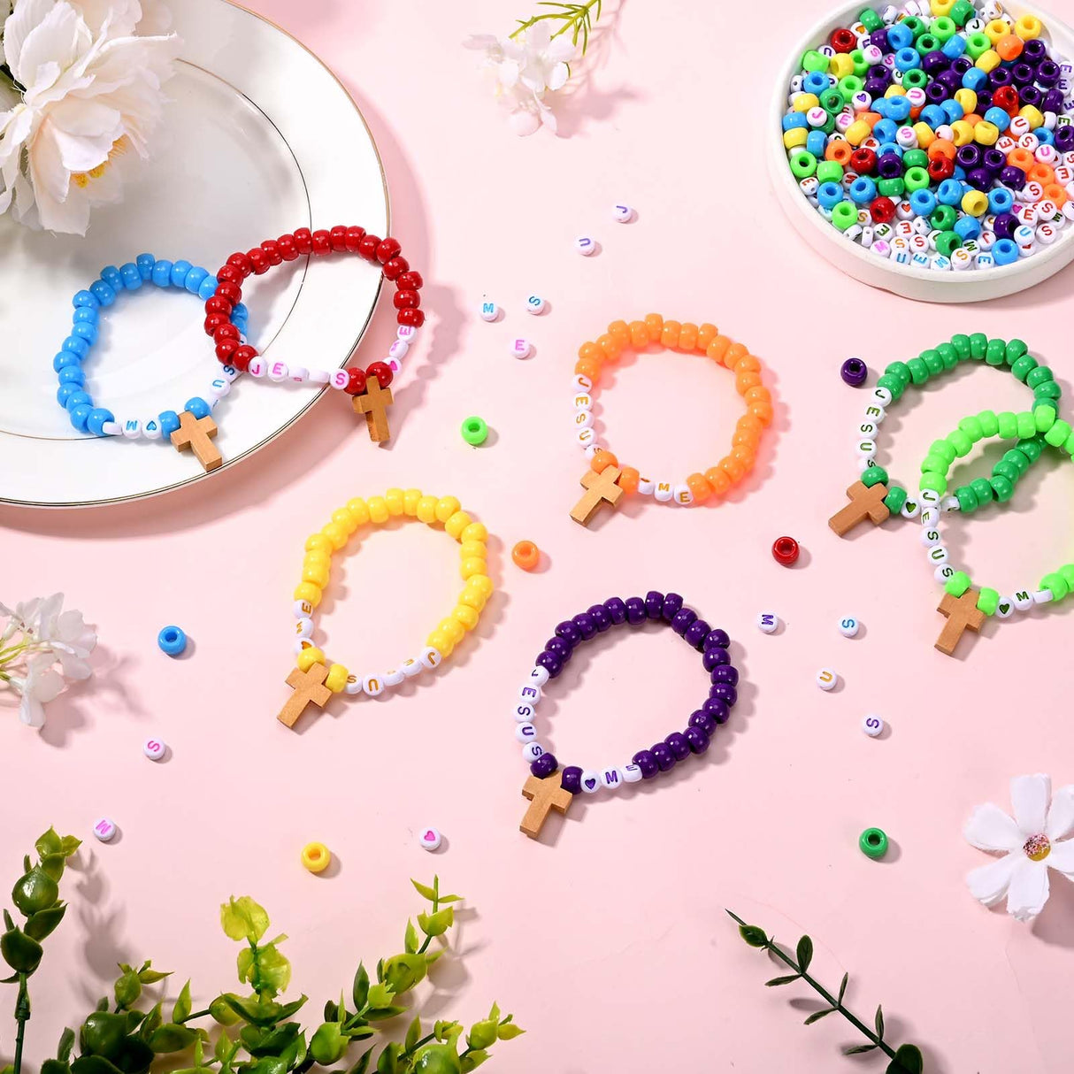 Sanixin 32 Set Jesus Love Me Faith DIY Bead Craft Kit Making Religious Bracelet Beads for VBS Week Sunday School Bible Verse Gifts Wooden Cross Bracelet Craft Kit Sanixin