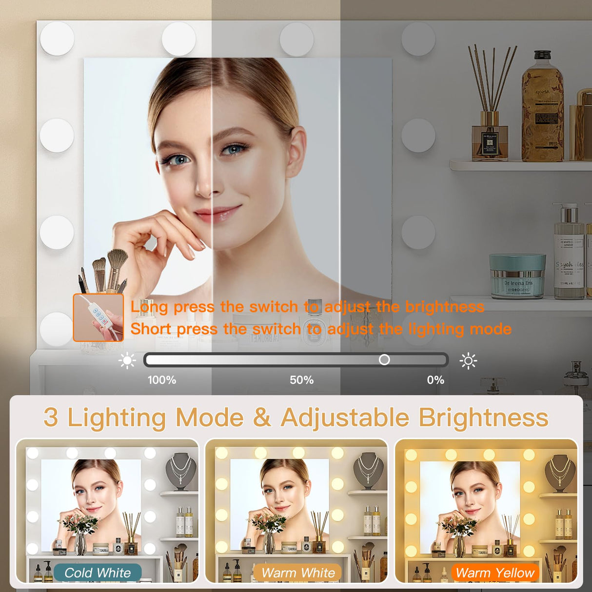 Quimoo Makeup Vanity Desk with Mirror and Lights, Vanity Desk with Large Drawer & Shelves & Cabinet, 3 Color Modes & Adjustable Brightness, Dressing Table Set for Bedroom,White Quimoo