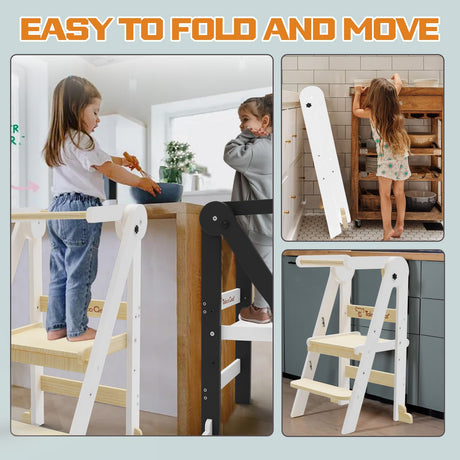Foldable Toddler Kitchen Stool Helper, Toddler Tower with 3 Adjustable Height, Wooden Toddler Step Stool, Collapsible Toddler Tower, Toddler Stool for Kitchen and Bathroom CaMecequter
