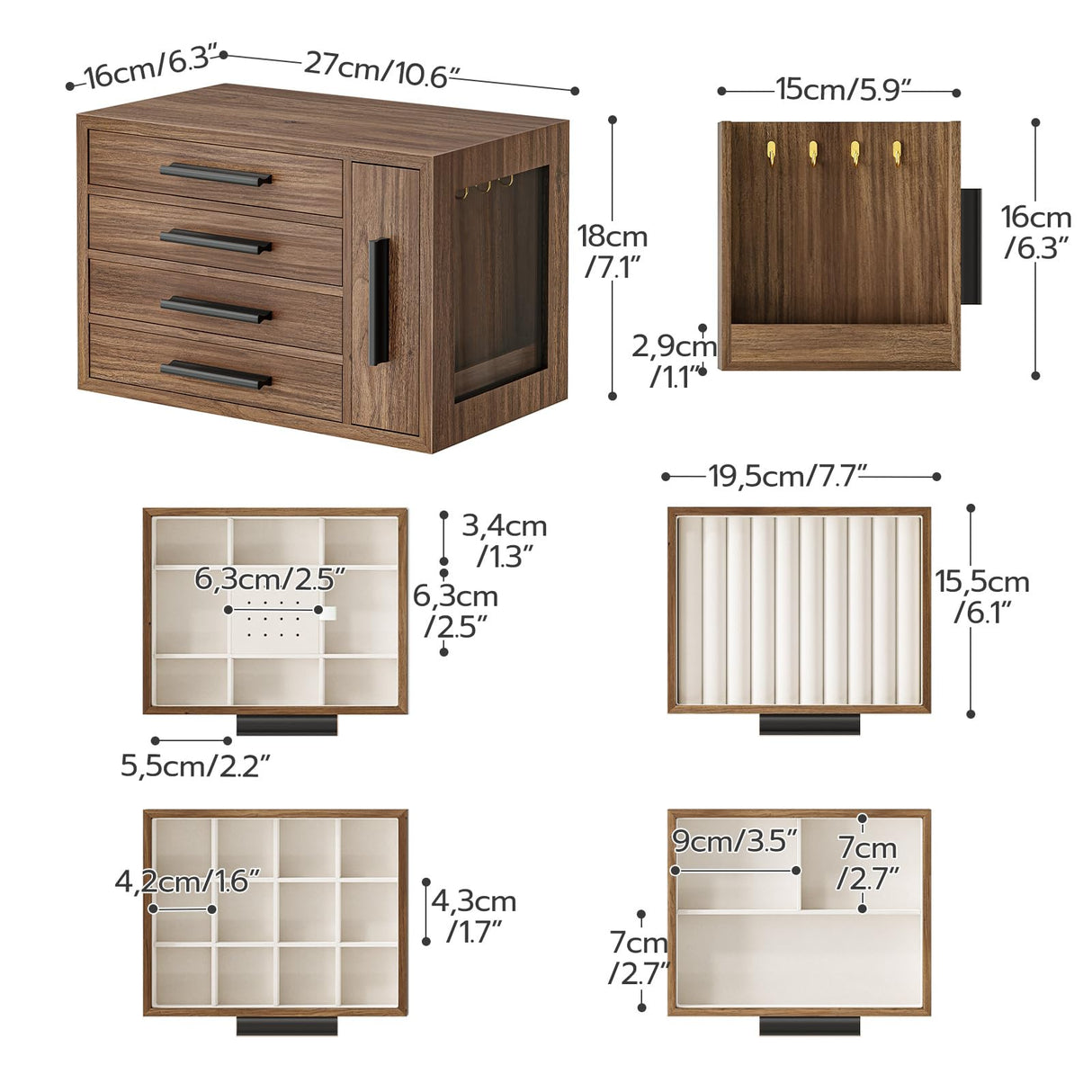 HOOBRO Jewelry Box for Women, Wooden Jewelry Organizer with Transparent Window, 4-Layer Jewelry Organizer Box, Jewelry Holder Organizer for Earrings, Necklaces, Rings, Walnut and Black BH09JB04 HOOBRO