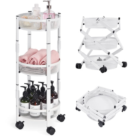 TOOLF 3-Tier Metal Storage Rolling Cart, Collapsible Utility Cart, No Assemble, Multifunction Serving Organizer Trolley with Lockable Wheels for Kitchen, Living Room, Bathroom,White TOOLF