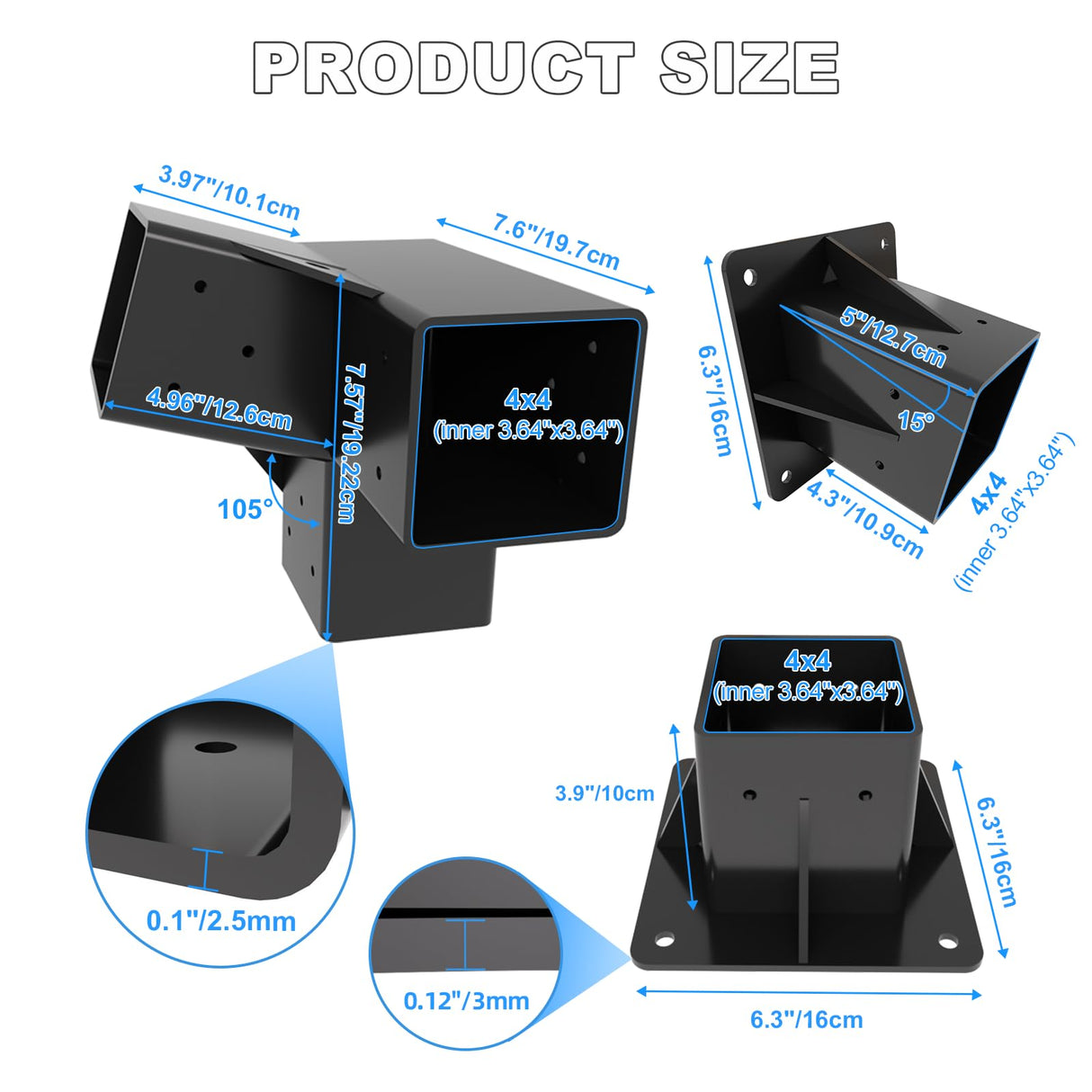 15° Angled Pergola Kit 4x4(Inner 3.64x3.64), 2PC 3-Way Slanted Pergola Roof Bracket, Post Base-Lean Corner Bracket Kit-DIY Gazebo Brackets-Hardware Kit for Outdoor Wood Beams Sunroom Carport Cabin Vlaeng