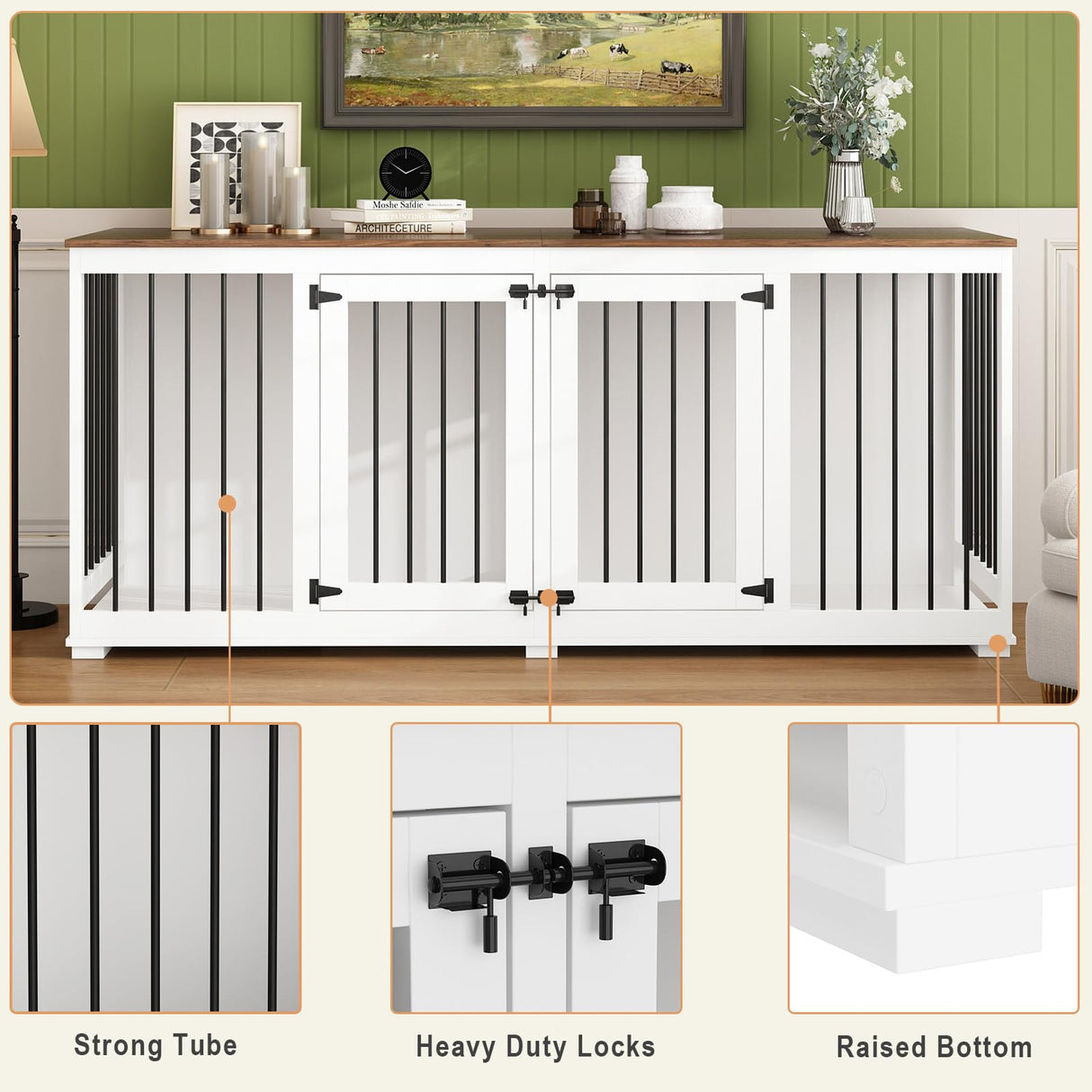 DAWNSPACES Double Dog Crates Furniture for Large Dogs, 71" Heavy Duty Wooden Large Dog Kennel with Removable Divider for 2 Dogs, Indoor Furniture Style Dog Crate House TV Stand, White DAWNSPACES