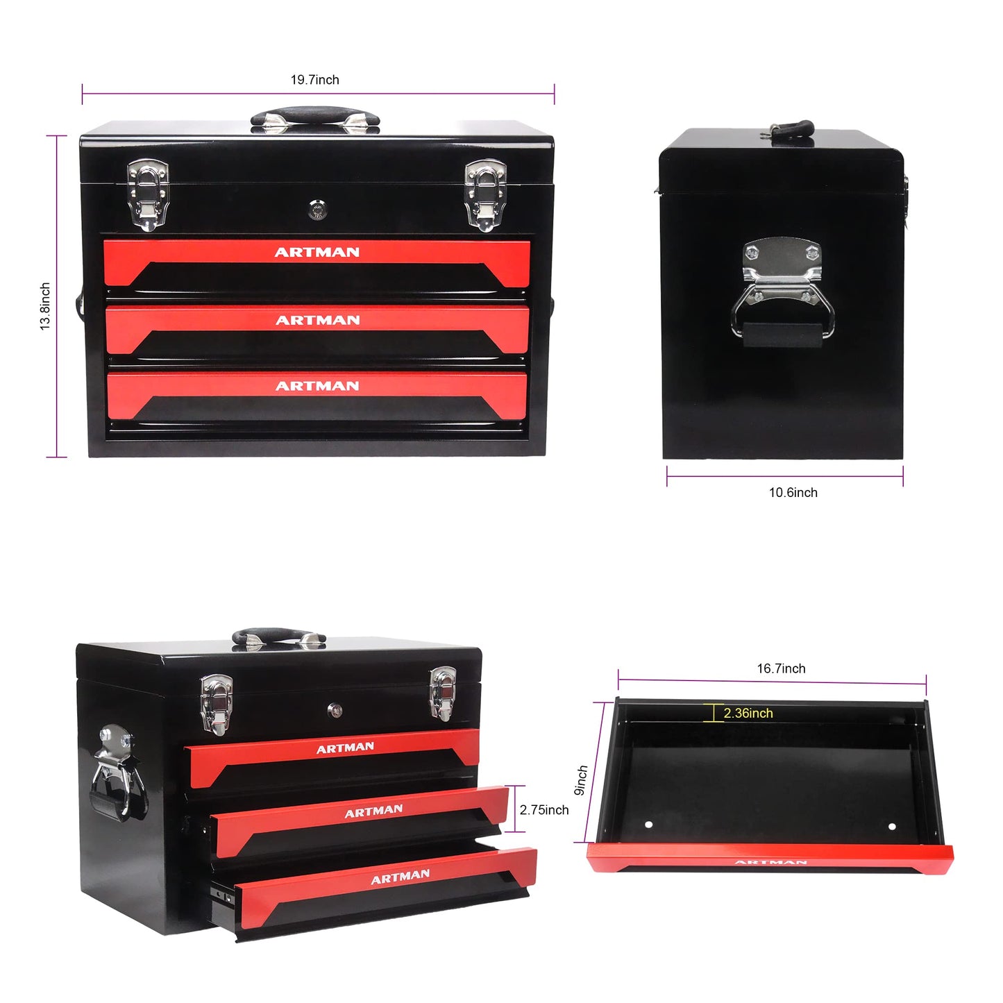 439-Piece Tool Set with Tool Box, 3-Drawer Toolbox Storage Case with Lock Portable Tool Chest with Tool Set General Household Tool Storage Organizer for Garage Workshop, Black + Red - WoodArtSupply