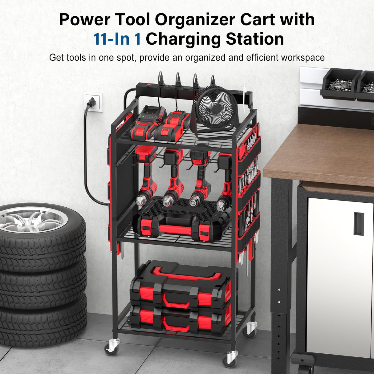 JUNNUJ Garage Large Power Tool Organizer Cart with 8 Outlet 3 USB Charging Station, Floor Rolling Drill and Tools Battery Storage Cart on Wheels, Heavy Duty Utility Rack Shelf with Power Strip JUNNUJ
