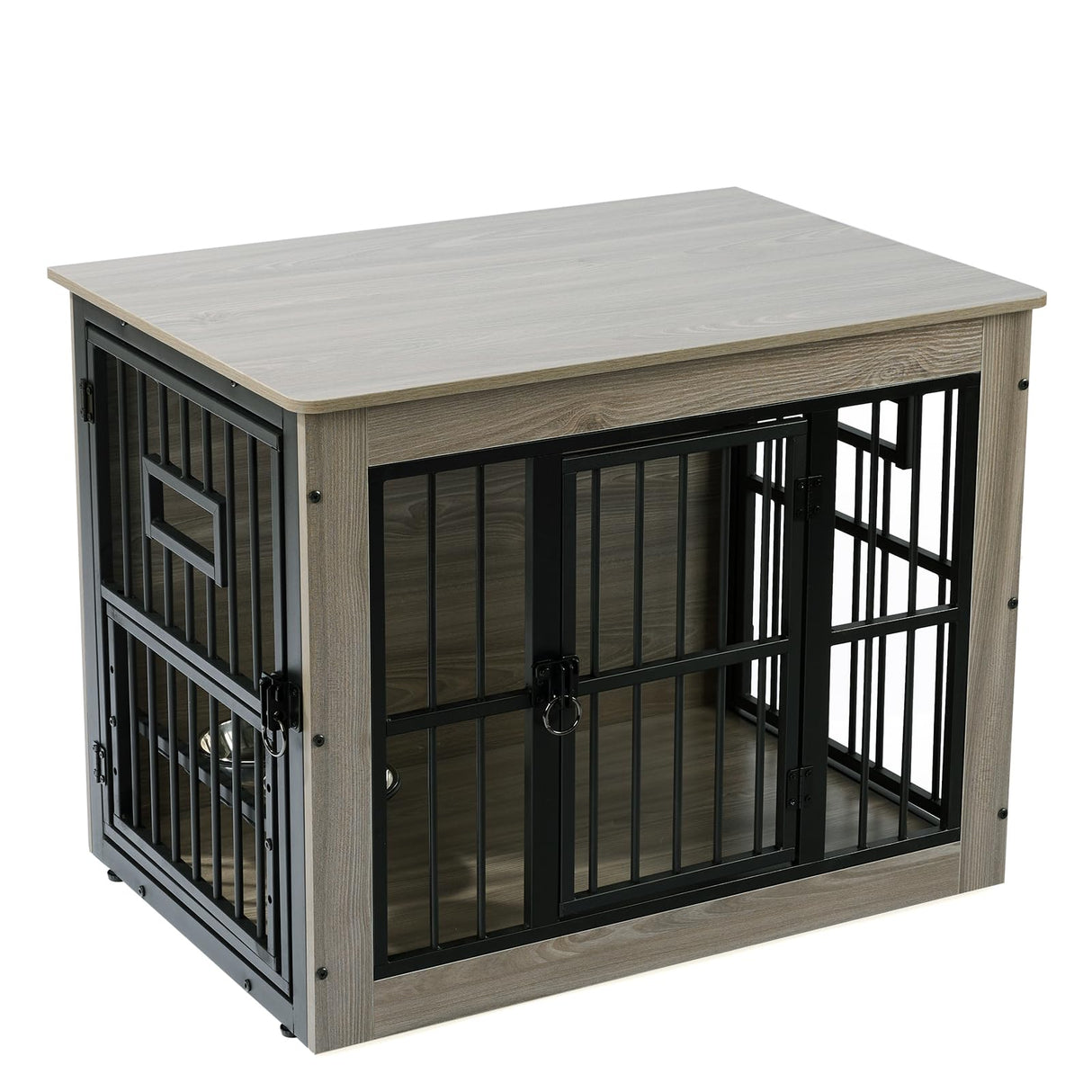 Gardner Pet Dog Crate Furniture for Medium Dogs, 32.7 Inch Dog Kennel Indoor, Wooden Dog Cage End Table with 2 Removable Bowls, Heavy Duty Dog Crate, Rustic Grey Gardner Pet
