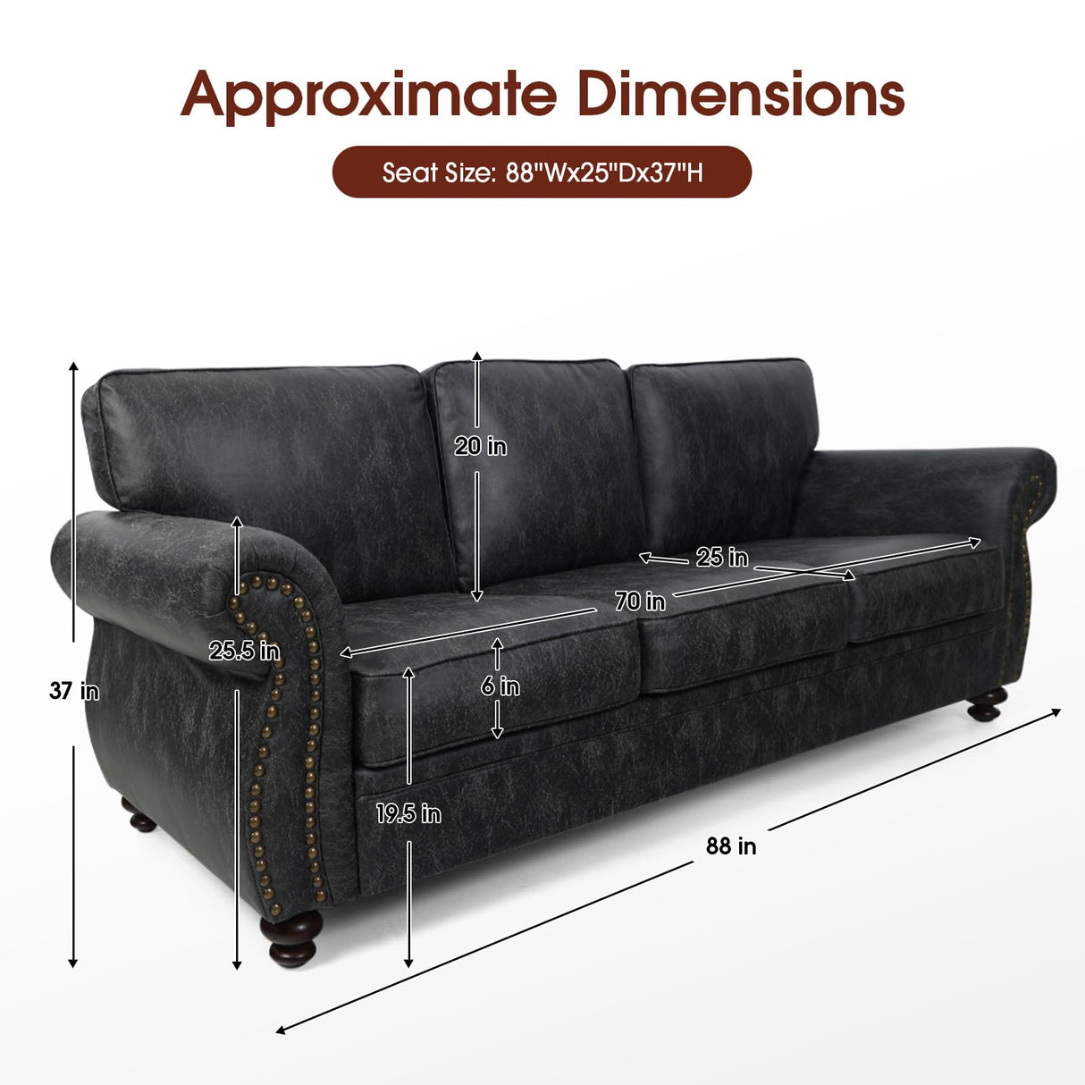 Couchus Mid-Century Vintage Sofa Couches with Rivet Design,loveseat Sofa,Removable Sofa Cover Upholstered Cushions and Solid Wood Frame (Grey, 3-Seater) Couchus