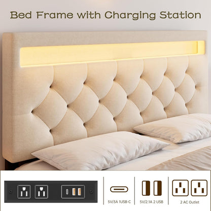 GarveeHome Full Size Upholstered Bed Frame with RGB LED Lights and Charging Station - WoodArtSupply