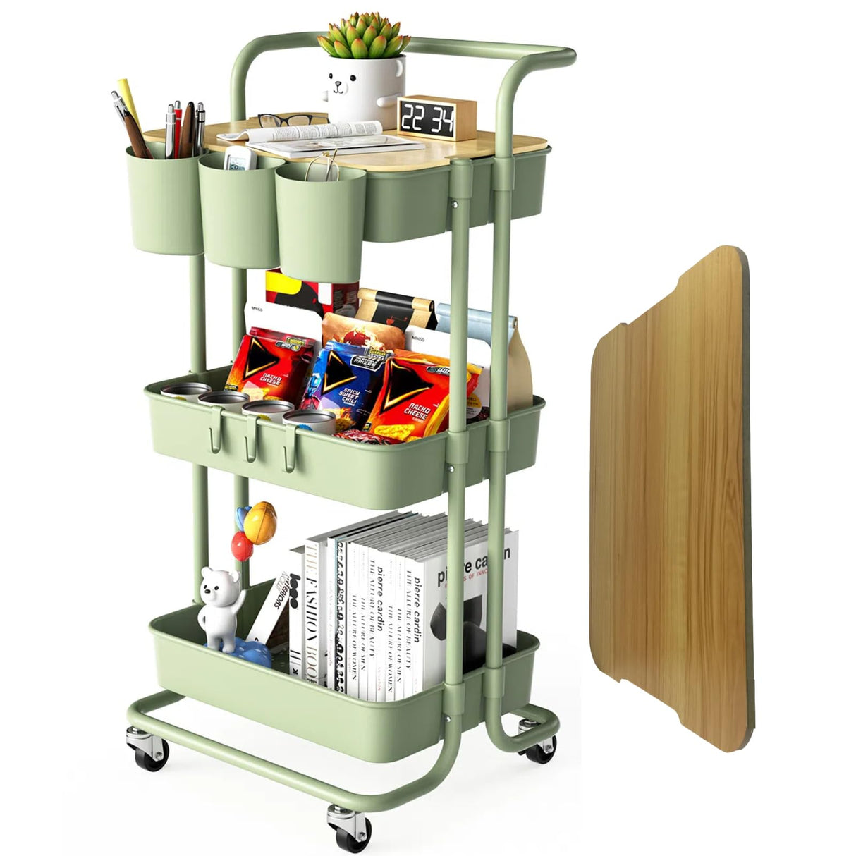 3 Tier Rolling Cart with Metal Handle, Table Top, Hanging Cups, Hooks, Plastic Storage Baskets& Wheels Lockable, Utility Cart for Bathroom Classroom Office Kitchen Pantry Organizers and Storage, Green NRSUEN