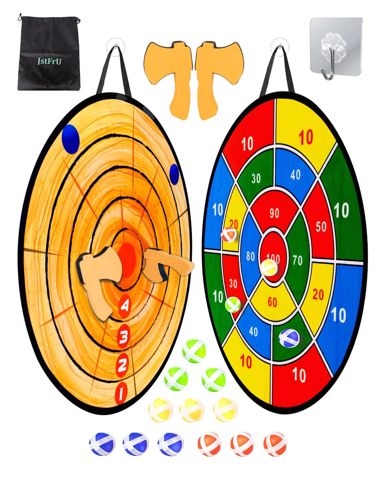 JstFrU Foam Axe Throwing Game Set,26 inch Large Dart Board,Indoor Outdoor Target Game,Includes a 26 Inch Double-Sided Easy Fold Target,2 Foam Axes,12 Sticky Balls,a Carry Bag,2 Hooks JstFrU
