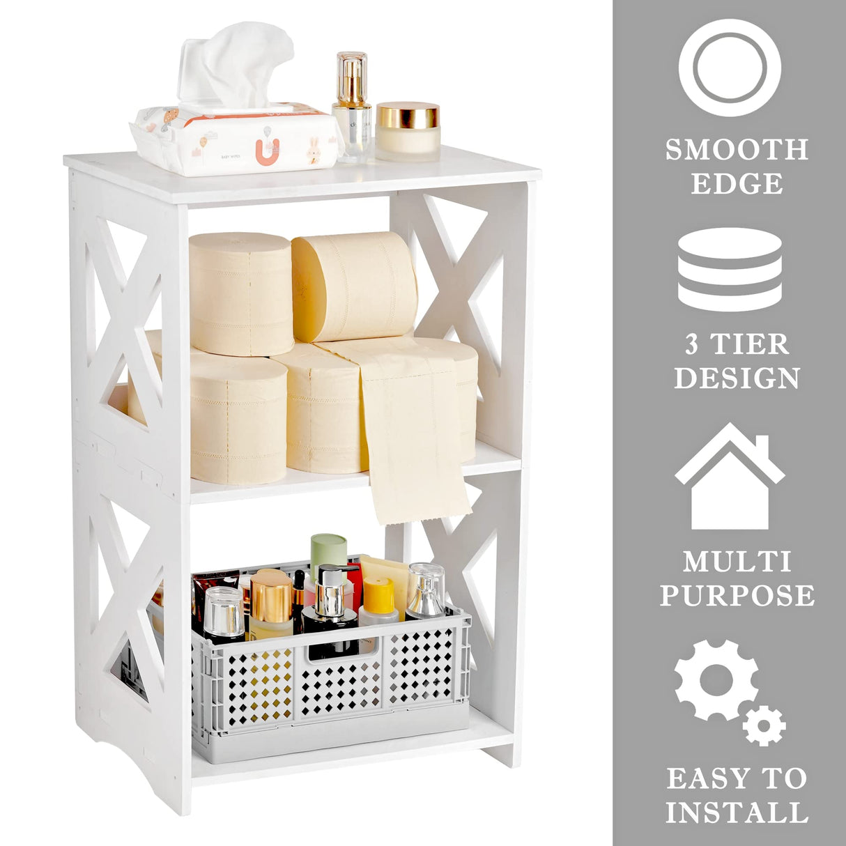 BYFU 3-Tier Side Table Set of 2, Narrow End Table with Storage Shelf, White Nightstand Bedside Table Small Bookshelf Bookcase Display Rack for Bedroom Bathroom Living Room Office BYFU