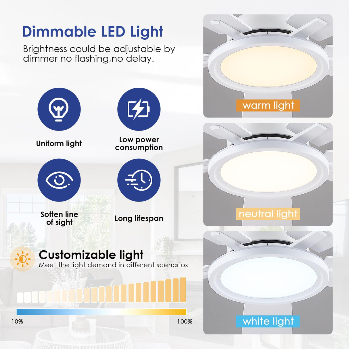 BYKISTOK Flush Mount RGB Ceiling Fan with RGB Light - 52In White Ceiling Fan Light with Reversible Mute Motor, 3CCT LED Dimmable, Low Profile Modern Ceiling Fans for Indoor, Party, Living Room BYKISTOK