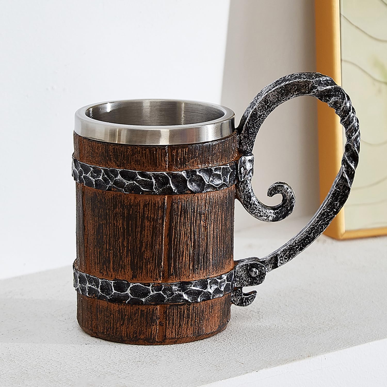 OTARTU Vintage Faux Oak Wood Barrel Beer Mug, Medieval Retro Viking Stainless Steel Coffee Cup Stein Tankard,17oz/500ML Cup Mug,Unique Gift - WoodArtSupply