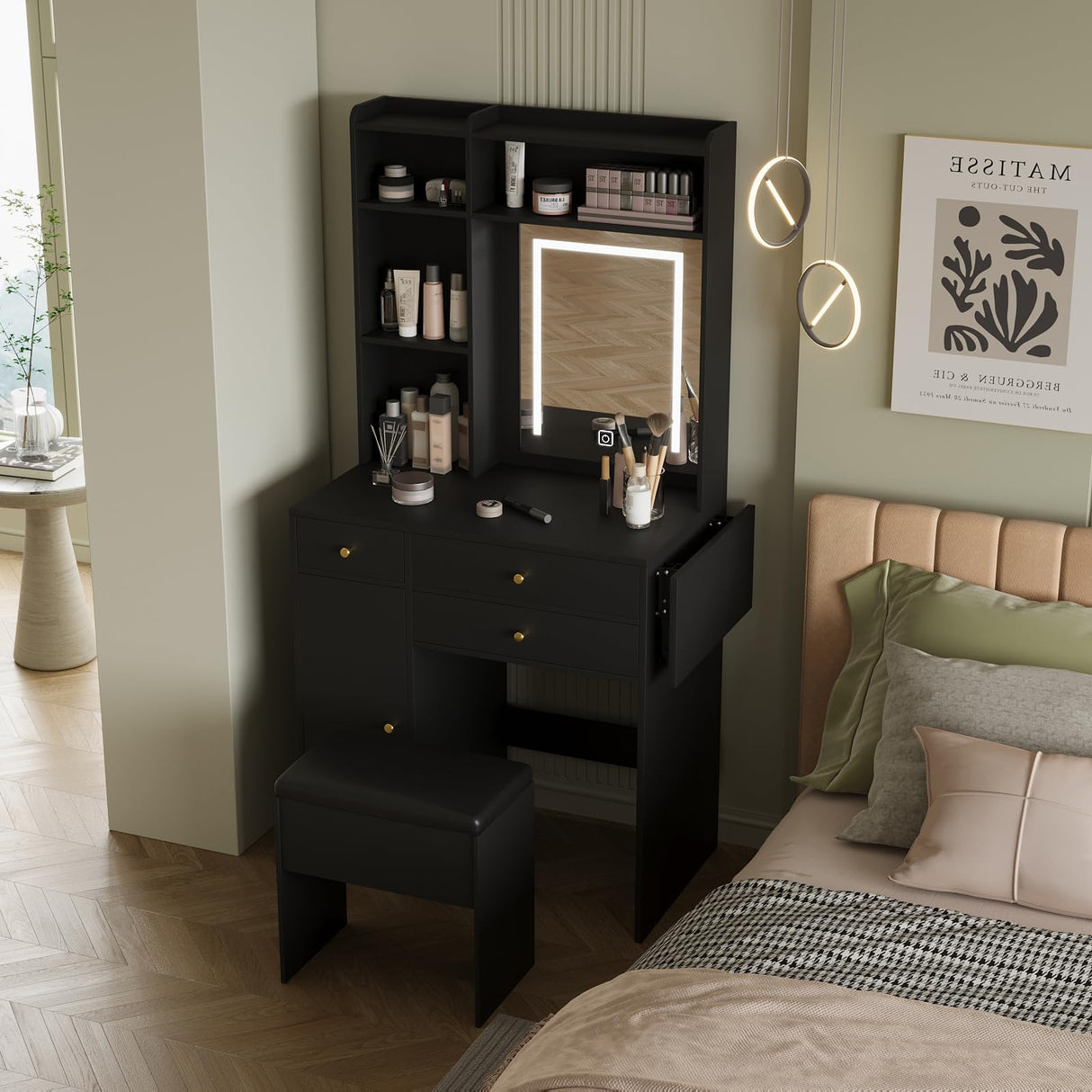 ARTETHYS Vanity Desk with Mirror and Lights Black Vanity Set with Storage Chair Dressing Table with Drawer Makeup Desk with Fold-up Panel for Bedroom ARTETHYS