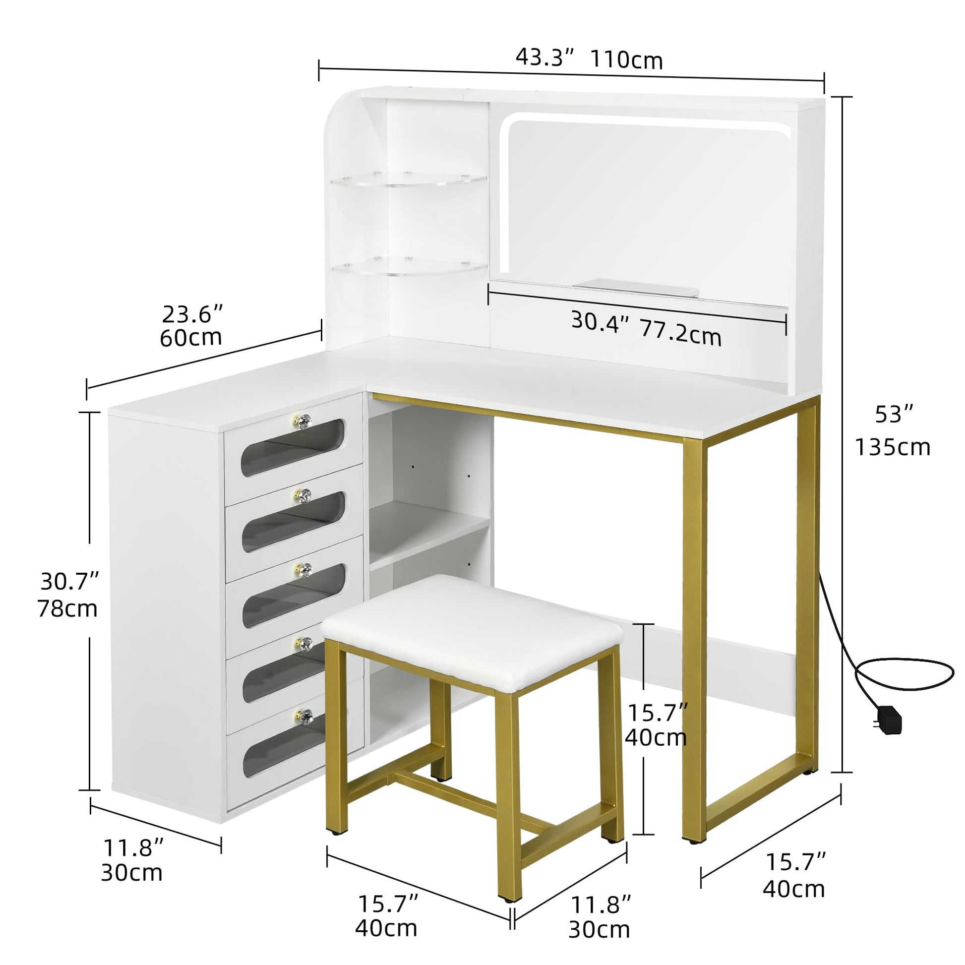 DWVO Vanity Desk with Drawers & LED Lighted Mirror 3 Lighting Mode & 48" L Shaped Corner White Vanity Set with Stool, 5 Glass Drawer Cabinet, Stylish Bedroom Makeup Table Set, White - WoodArtSupply