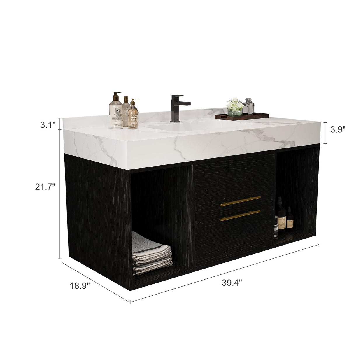 GAFFERIT 39.4" Bathroom Vanities with Ceramic Sink,Floating Bathroom Vanity,Wall Mounted Storage Cabinet with 2 Drawers and 2 Storage Spaces,Modern Bathroom Sink Cabinet with Metal Handles (Black) GAFFERIT