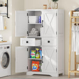Farmhouse Bathroom Storage Cabinet with 2 Drawers and Barn Doors, Kitchen Pantry Cabinet, Freestanding Storage Cabinet with Adjustable Shelves for Bathroom, Living Room, Kitchen.(Unique White). Vabches
