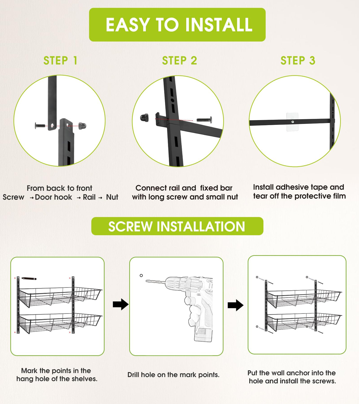 Mefirt Over The Door Pantry Organizer, Wall Mount Spice Rack, Pantry Hanging Storage and Organization, 8 Adjustable Baskets Heavy-Duty Metal for Home & Kitchen, Back of Door Seasoning Rack - Black Mefirt