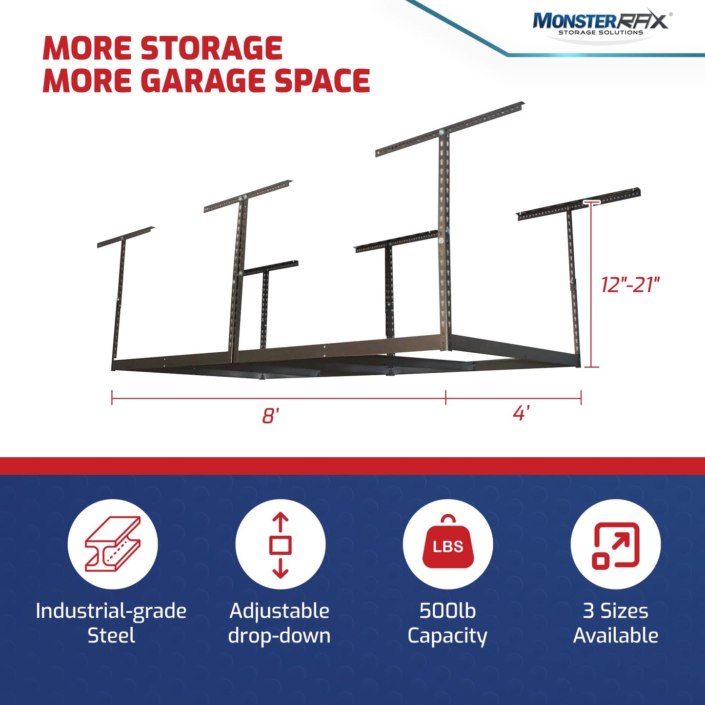 MonsterRax 4x8 Overhead Garage Storage Rack Frame Kit - Hanging Storage Shelves, Garage Ceiling Storage Rack System, Overhead Garage Organizers And Storage, Ceiling Shelving - (Hammertone, 12"-21")