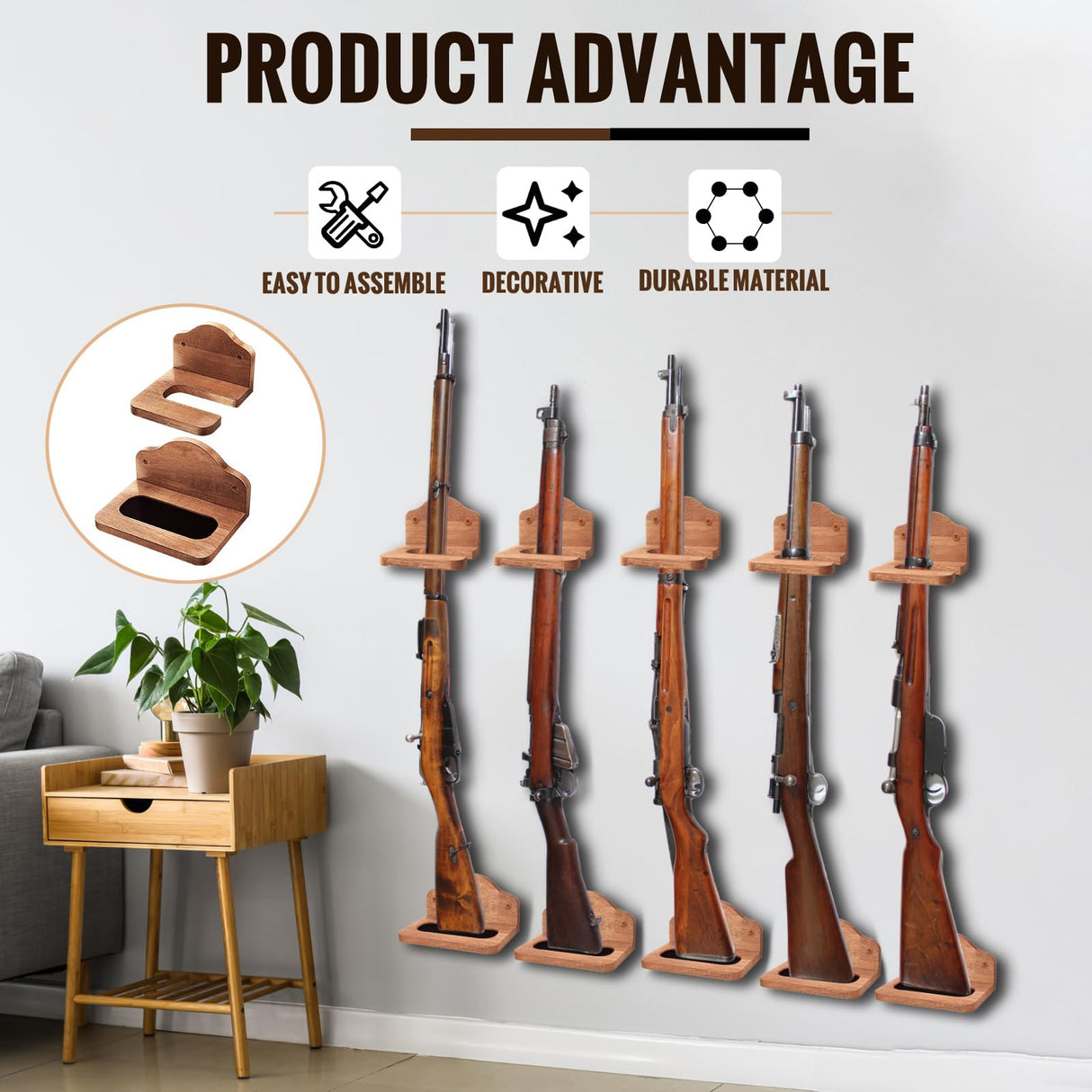 GlikCeil 1 Set Vertical Gun Rack Hardwood Gun Rack Holder Wall Mount Brown Rifle Rack Wooden Gun Hooks Gun Hangers for Wall for Rifles Shotguns Bows Display Storage GlikCeil