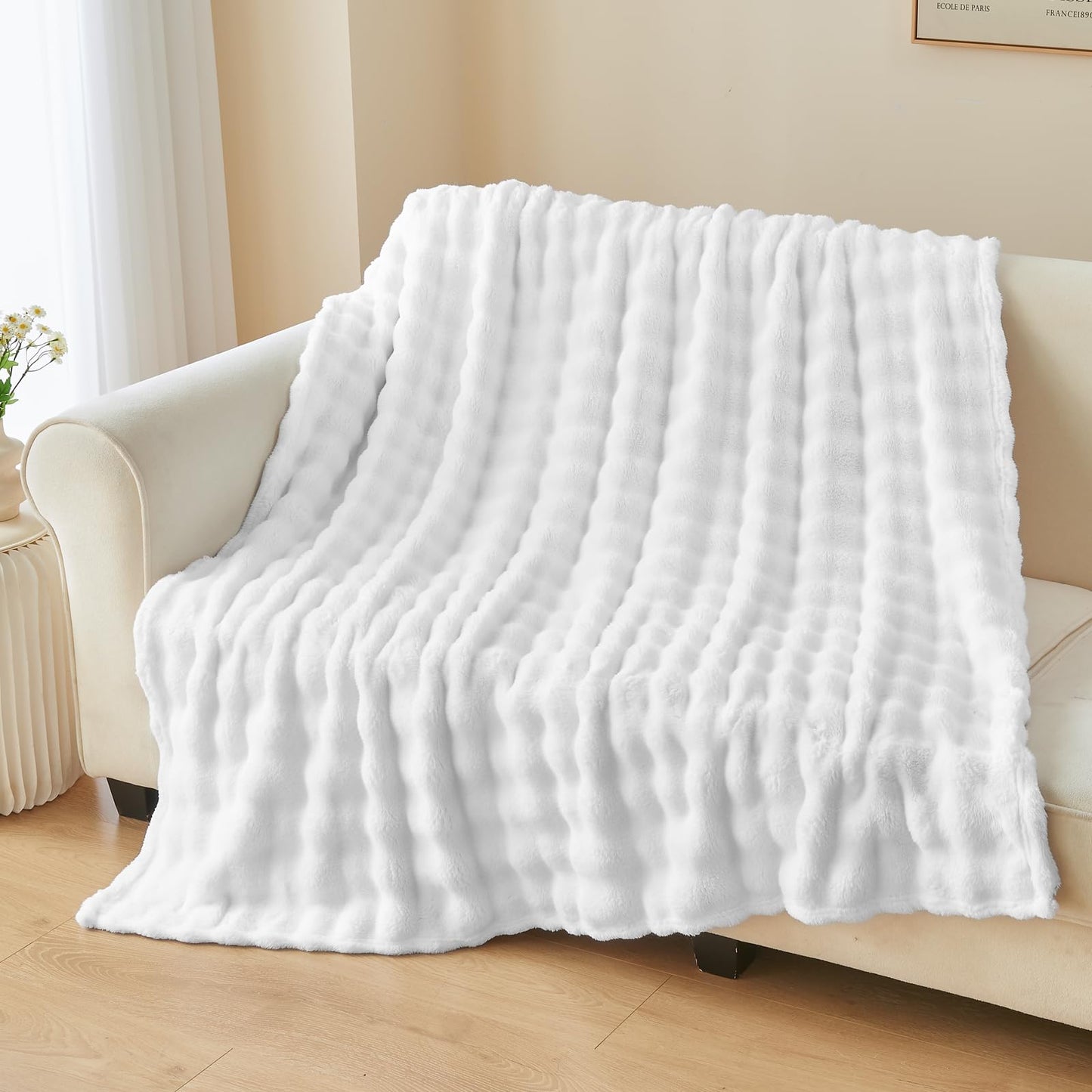 NEWCOSPLAY Throw Blanket for Couch White Super Soft Flannel Fleece 3D Bubble Lightweight Bed Blanket All Season Use (White, Throw(50"x60"))