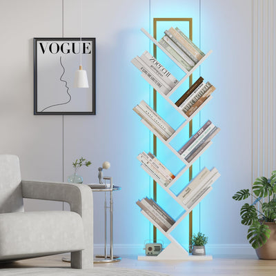Qupui Bookshelf with LED Lights, 9 Tier Tree Bookshelf, Floor Standing Bookcase, Classical Corner Bookshelf Kids Bookshelf, Tall Bookshelf, White Book Shelf for Bedroom, Living Room, Home Office