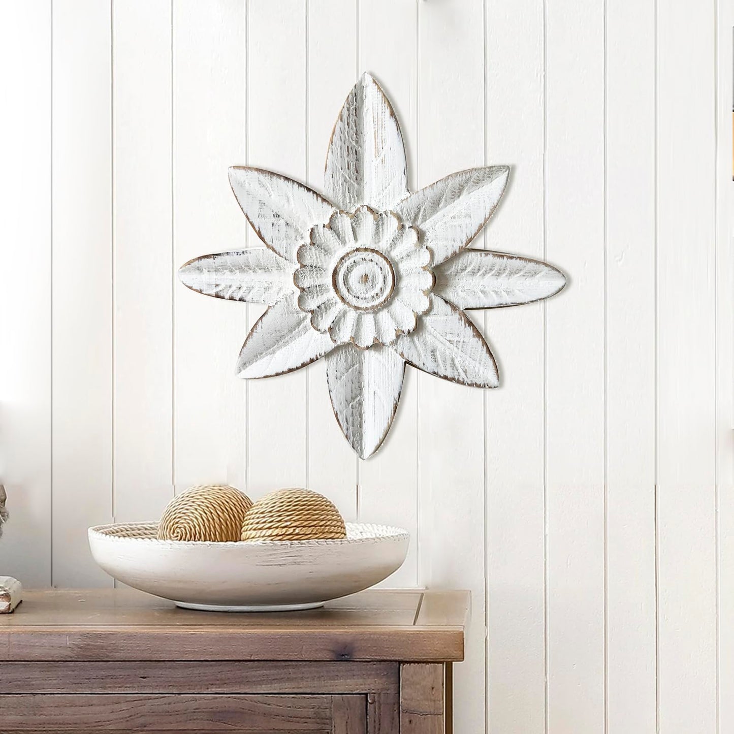 dwellintong White Wash Wood Flower Wall Art Decor, Farmhouse Rustic Modern Floral Sculpture, Carved Flower Wall Hanging Home Decoration for Kitchen Bedroom Living Room (8")