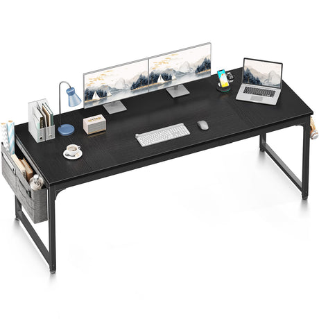 ODK 71 Inch Large Computer Desk Home Office Desk, Long Modern PC Desk Work Table with Headphone Hook & Fabric Bag for Storage, Spliced Board, Black ODK