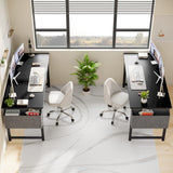 OLIXIS Computer Desk 63 Inch Home Office Work Study Writing Student Kids Bedroom Wood Simple 2 Person PC Table with Storage Bag & Headphone Hooks, Modern Black OLIXIS