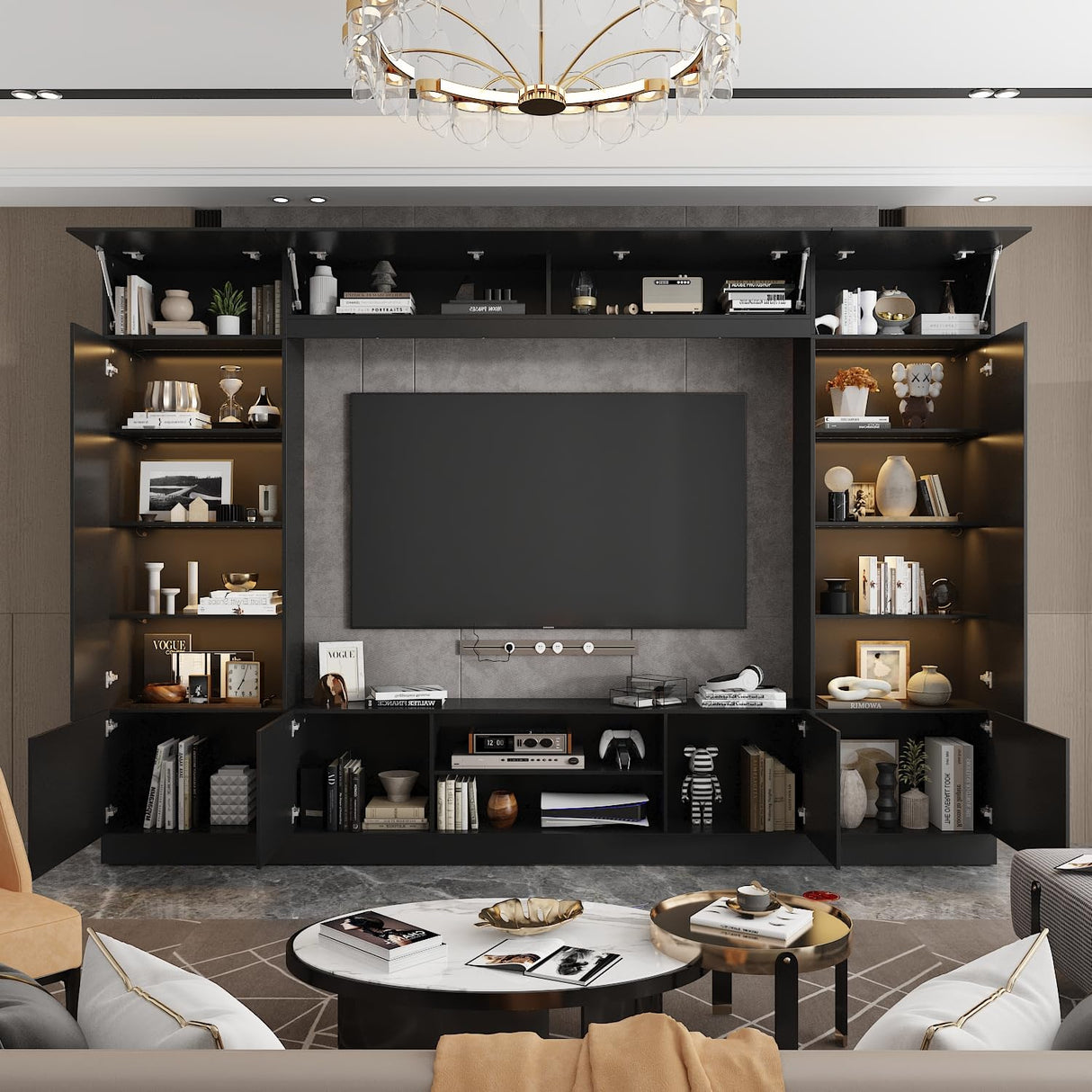 WOODTIME 114" Large Wall Unit Entertainment Center with Bookshelves, Lights and 18 Shelves, Modern 4-Piece TV Stand Media Console Table with Bridge Cabinet for Living Room & Home Theater, Black WOODTIME