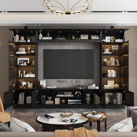 WOODTIME 114" Large Wall Unit Entertainment Center with Bookshelves, Lights and 18 Shelves, Modern 4-Piece TV Stand Media Console Table with Bridge Cabinet for Living Room & Home Theater, Black WOODTIME