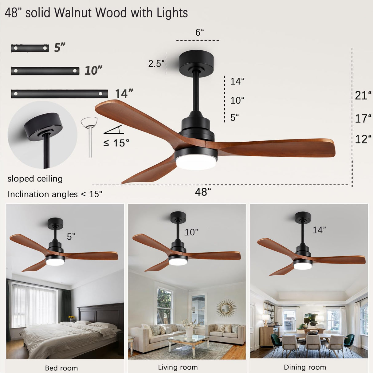 dearnow 48" Wooden Ceiling Fan with Lighted Remote Control, Indoor Outdoor Wooden Ceiling Fan, Outdoor Modern Ceiling Fan with 3 Fan Blades for Patio, Living Room, Farmhouse, etc (Black + Walnut) dearnow