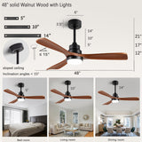 dearnow 48" Wooden Ceiling Fan with Lighted Remote Control, Indoor Outdoor Wooden Ceiling Fan, Outdoor Modern Ceiling Fan with 3 Fan Blades for Patio, Living Room, Farmhouse, etc (Black + Walnut) dearnow