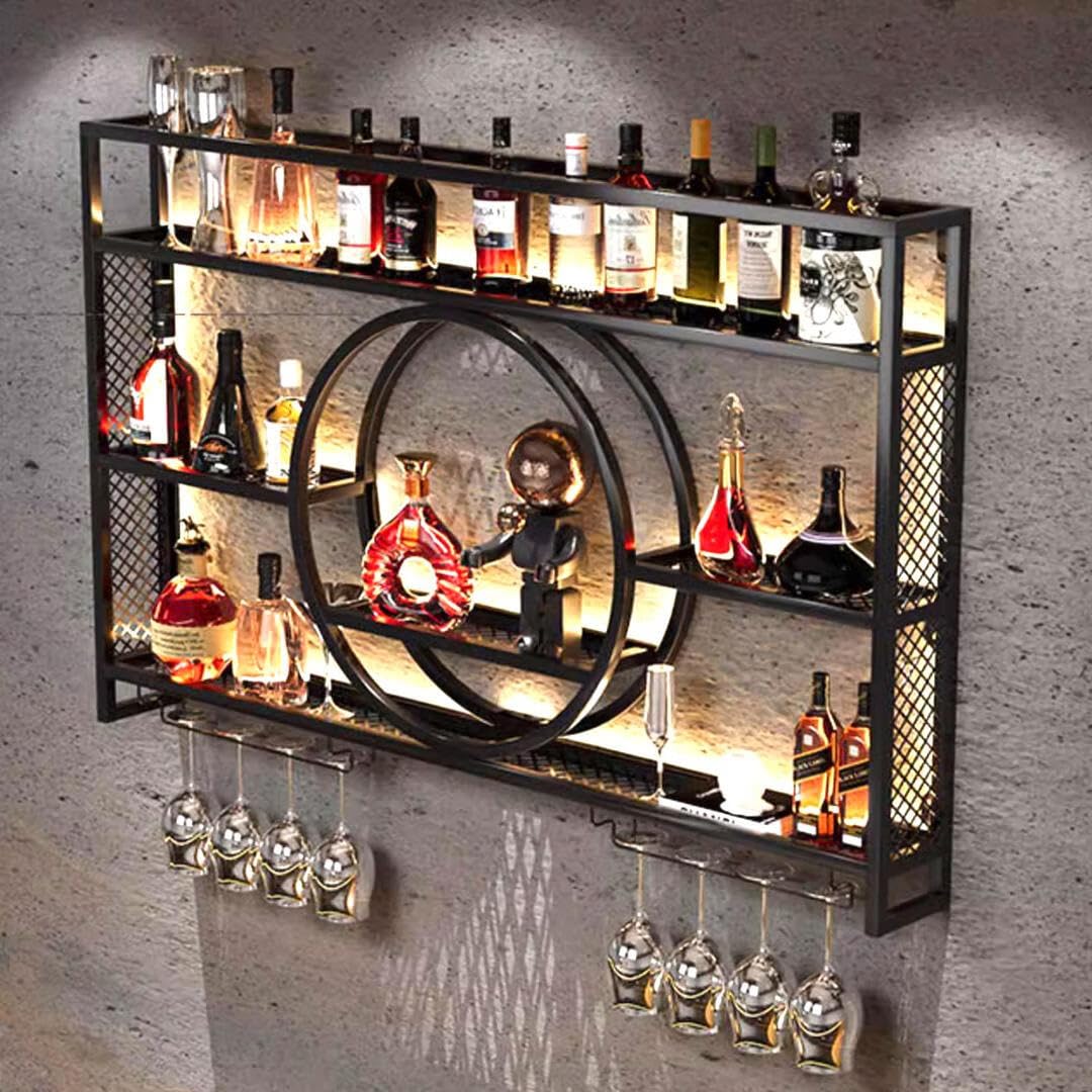 GWLQRTXV X3 39in Wine Rack with LED Lighting Wall Mounted Glass Holder, 3-Tiers Liquor Bottles Shelves Display Storage Organizer Hanging Long Stemware Goblet Metal for Home Mini Bar Cellar Black GWLQRTXV
