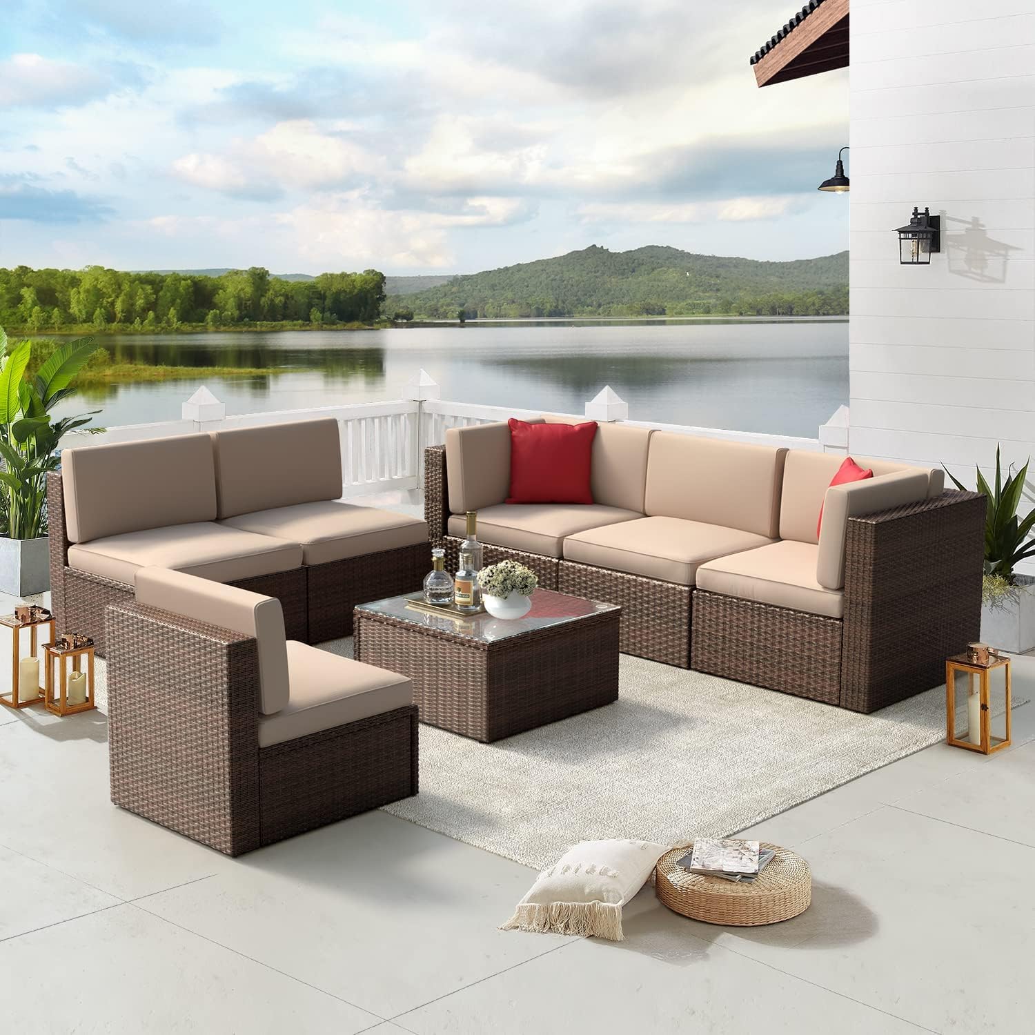 Aoxun Patio Furniture Sets 7PCS Outdoor Wicker Conversation Furniture Set with Glass Coffee Table for Children, Girls and People in Small Size (Brown) - WoodArtSupply