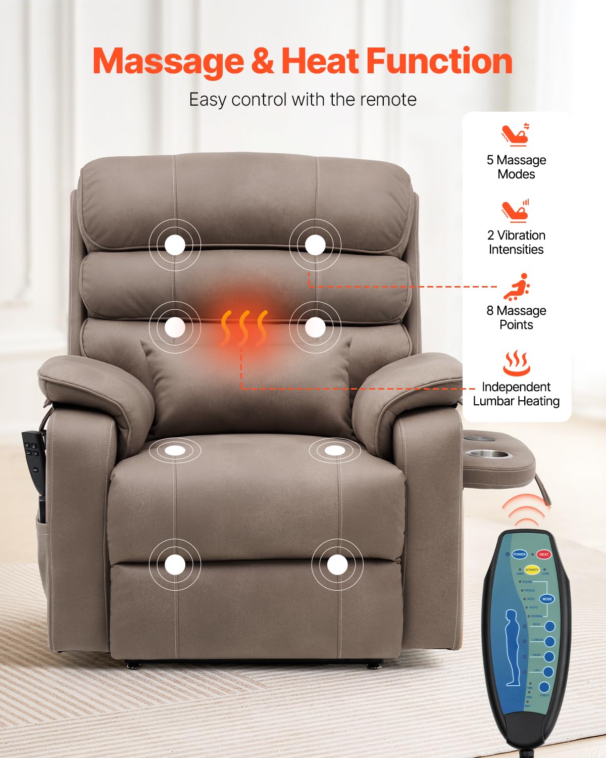VEVOR Power Lift Recliner Chair, Dual Motor Lift Chair with Heat and Massage for Elderly, Infinite Position Adjustment Electric Recliner with a Cup Holder (Medium-Wide, Light Brown) VEVOR