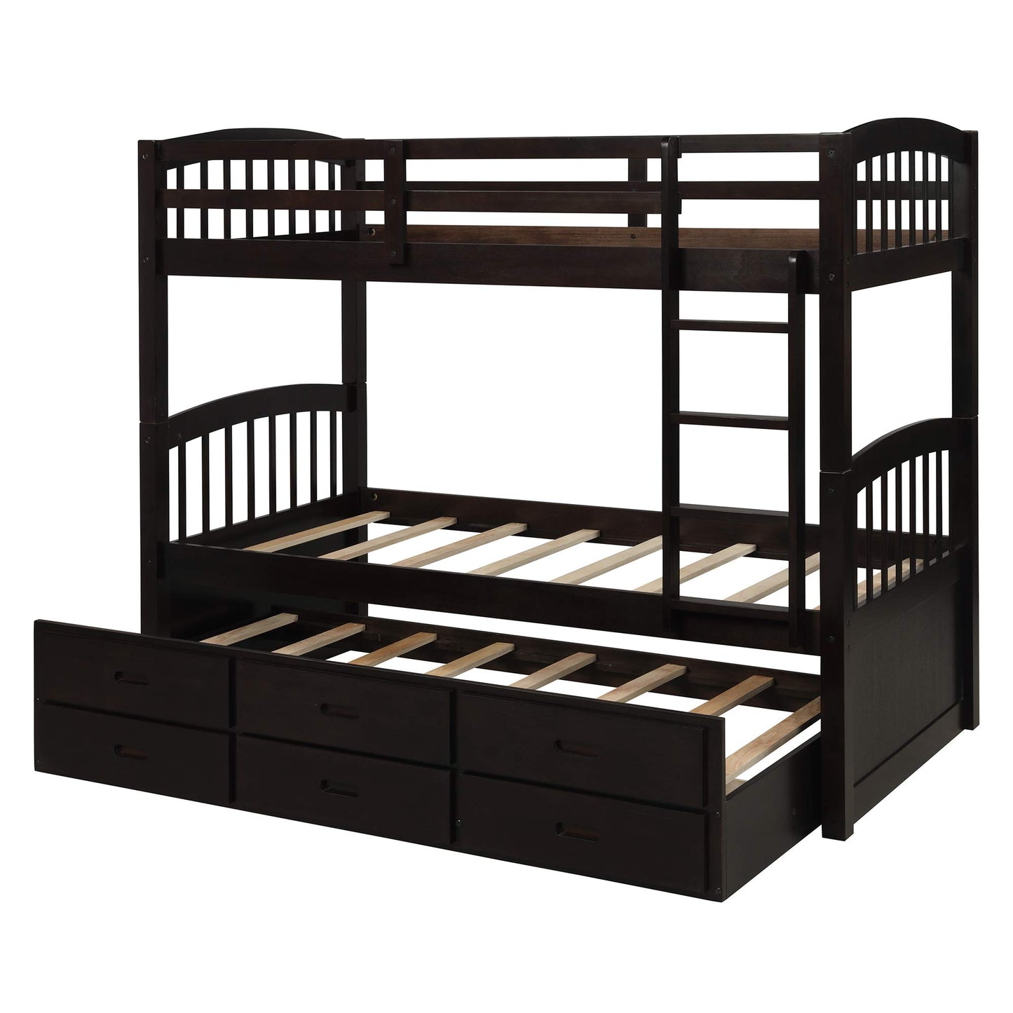 Harper & Bright Designs Twin Over Twin Bunk Bed with Ladder and Storage Drawers, Wood Bunk Bed with Safety Rail and Trundle for Kids Teens Adults, No Box Spring Required (Espresso)