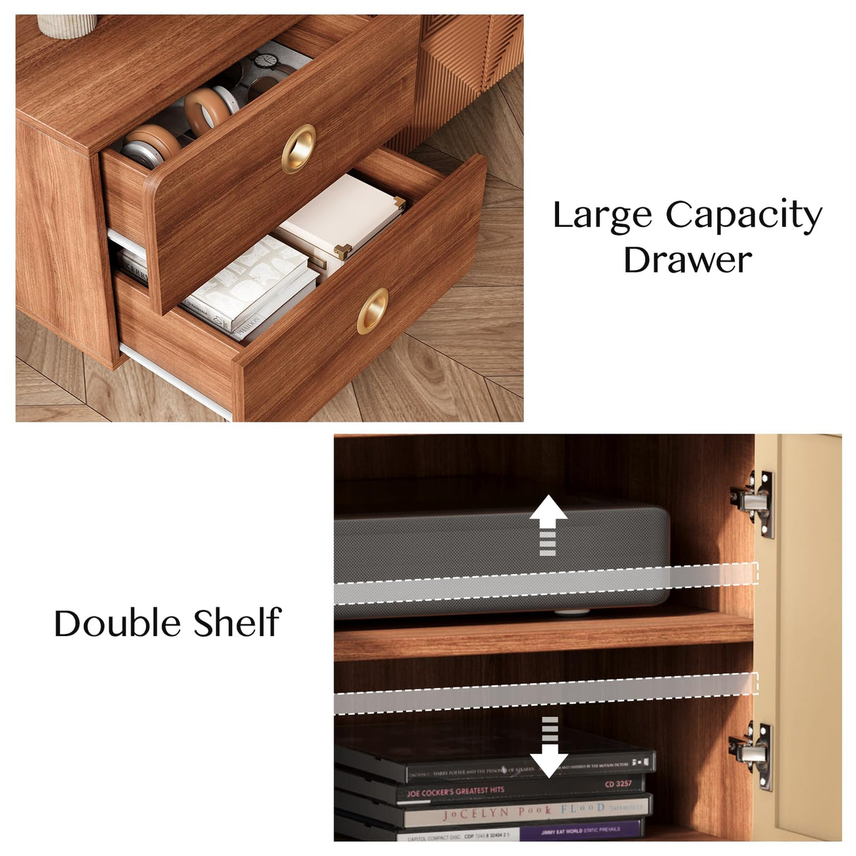 JOINICE TV Stand, Boho TV Stand for Living Room, Mid Century Modern TV Stand, Storage Cabinet and Entertainment Center, Modern TV Console Table for 75+ Inch TV(Cherry 66") JOINICE