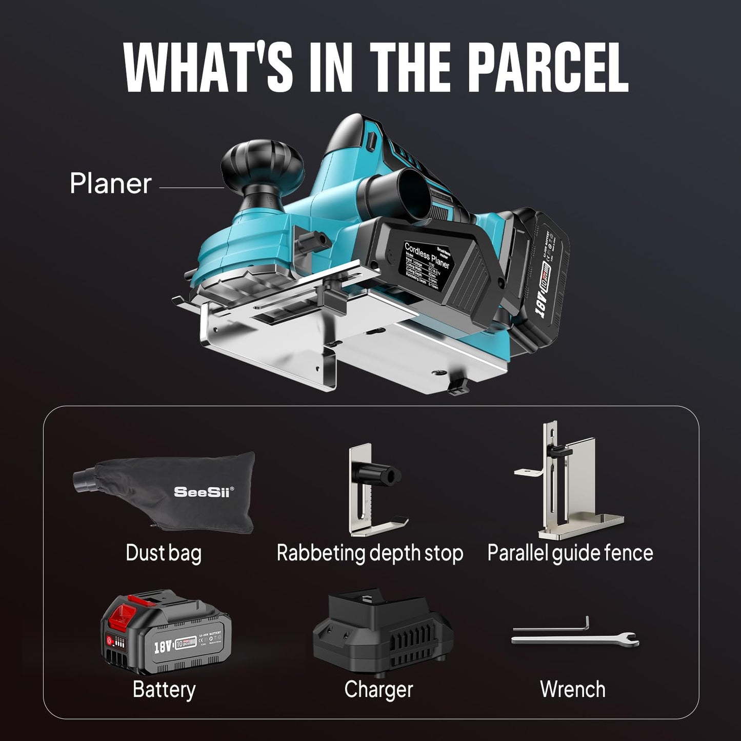 Seesii Cordless Hand Planer with 5.0Ah Battery, Adjustable 1/8-Inch Depth, Brushless Motor – Powerful Electric Hand Planer for Wood - WoodArtSupply