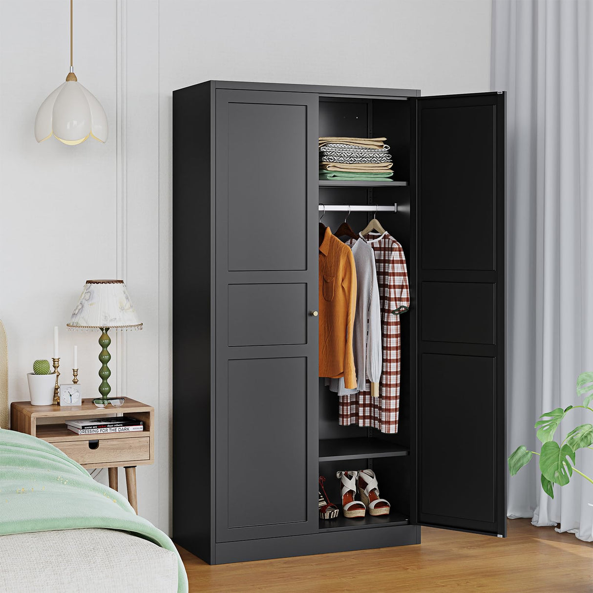LISSIMO Metal Wardrobe Closet Cabinet,Armoire Wardrobe Closets Storage Cabinets with Doors and Shelves for Laundry Room,Bedroom,Home Office,Bathroom(Black LISSIMO