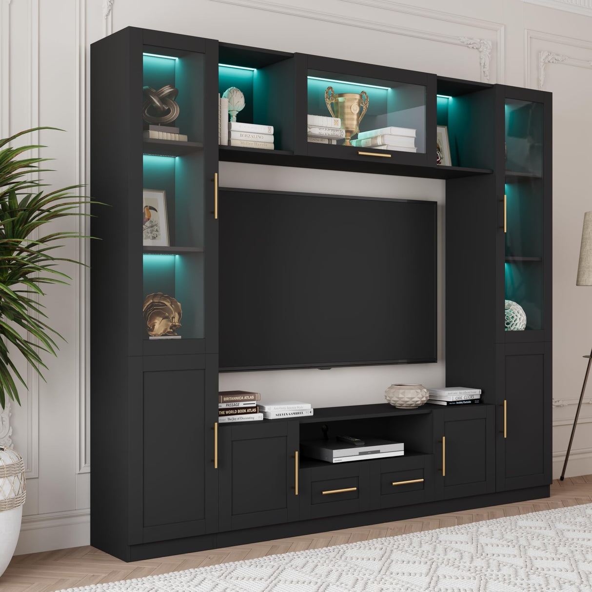 Bobve 94" Wall Unit Entertainment Center for TVs up to 70", Modern TV Console with LED Lights, Multifunctional TV Stand with Tempered Glass Door, Drawers & Shelves for Living Room, Black Bobve