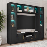 Bobve 94" Wall Unit Entertainment Center for TVs up to 70", Modern TV Console with LED Lights, Multifunctional TV Stand with Tempered Glass Door, Drawers & Shelves for Living Room, Black Bobve