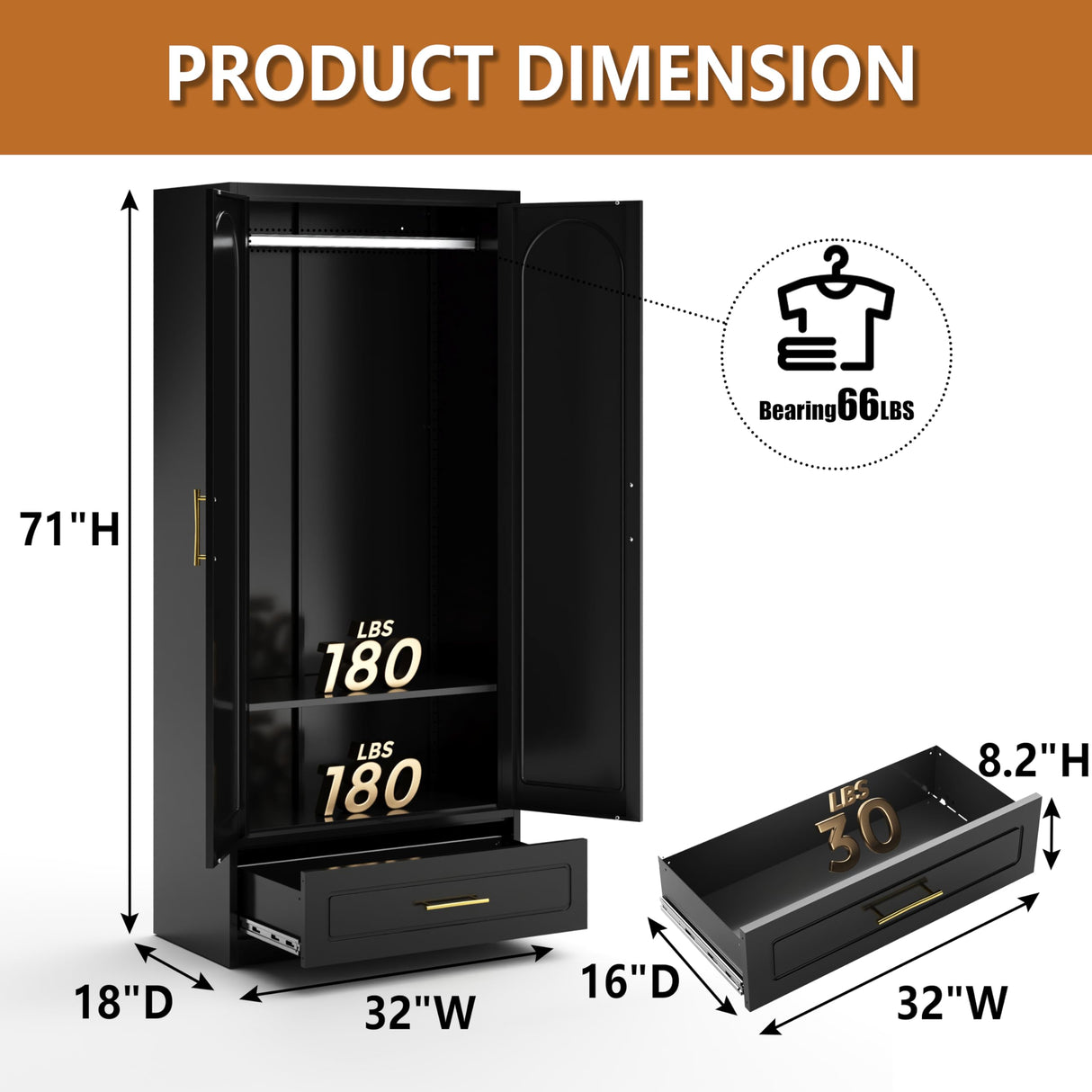 Polup Metal Armoire Wardrobe Closet with Drawer, 71“ Tall Freestanding Wardrobe Cabinet with Doors and Shelves, Large Armoire with Hanging Rod, Clothes Cabinets for Bedroom, Black, Assembly Required Polup